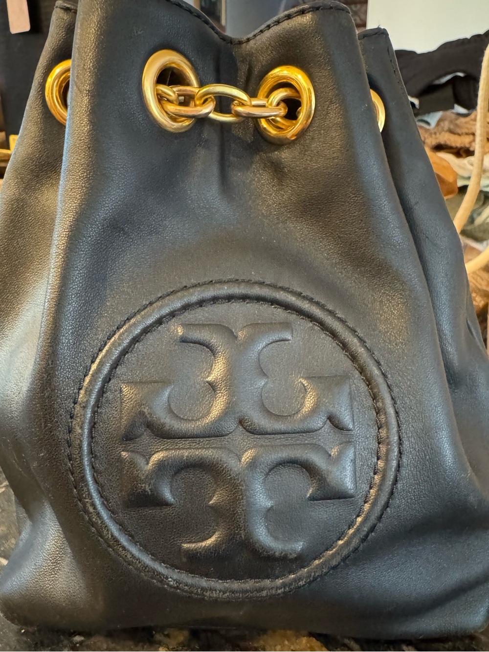 Tory Burch Black Leather Mini Drawstring Bucket Bag with Gold Chain - Picture 6 of 13